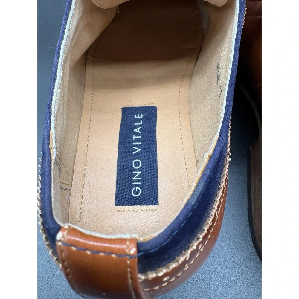 Gino Vitale Oxford Mens 11 Tan Navy Blue Excellent‎ Two Tone Brogue Dress Shoes